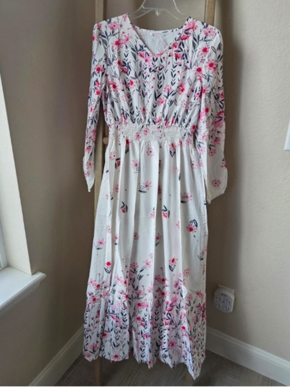 Women’s White Floral Maxi Dress with Pink Print